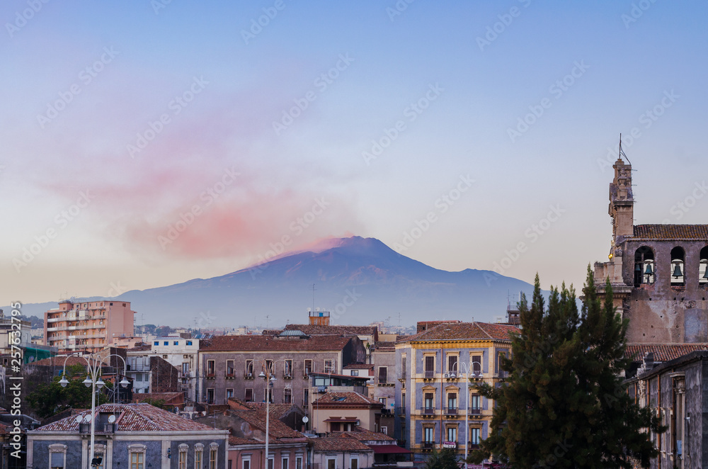 Catania city centre and Etna volcano at sunset