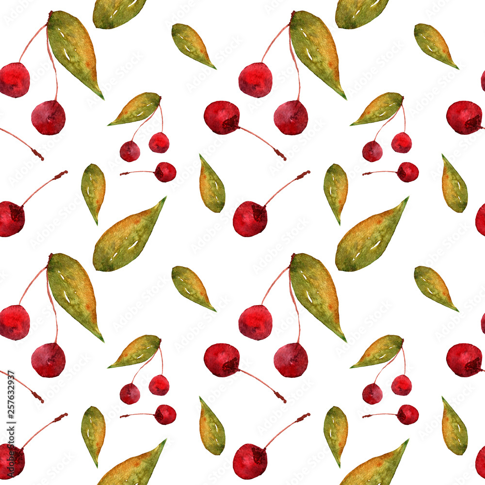 Watercolor cherries with leaves on a white background. Seamless repeat pattern. Watercolor cherries with leaves on a white background. Seamless repeat pattern.