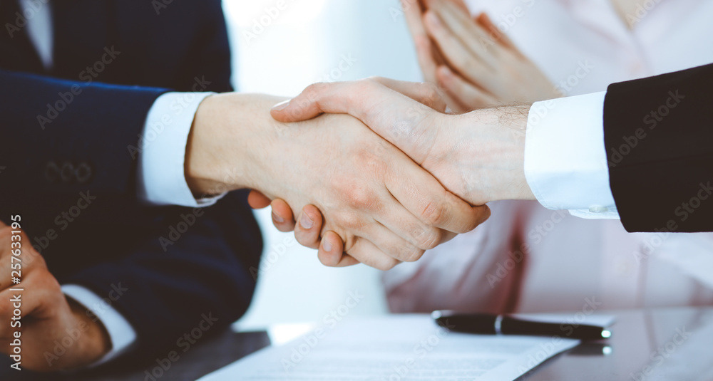 Business people shaking hands finishing up a meeting. Handshake at successful negotiation