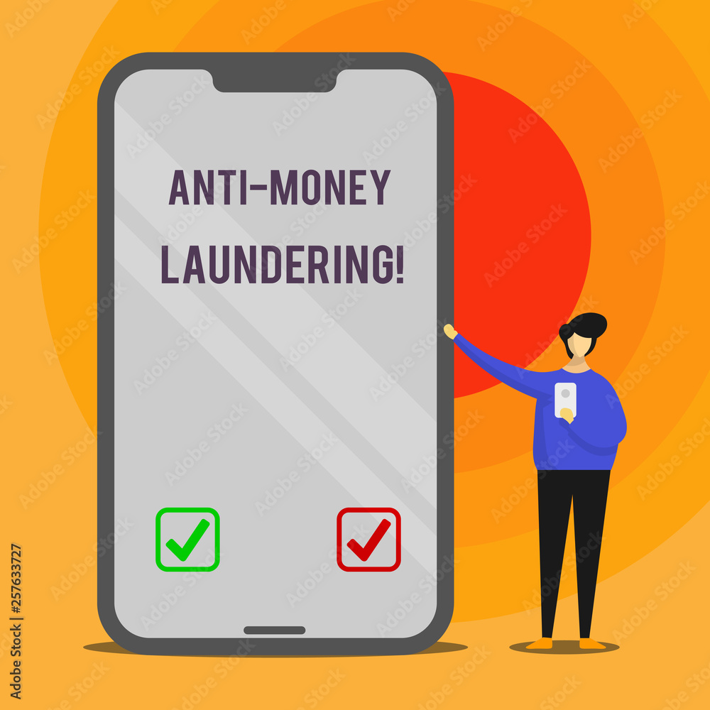 Word writing text Anti Money Laundering. Business photo showcasing regulations stop generating income through illegal actions Man Presenting Huge Blank Screen Smartphone while Holding Another Mobile Word writing text Anti Money Laundering. Business photo showcasing regulations stop generating income through illegal actions Man Presenting Huge Blank Screen Smartphone while Holding Another Mobile