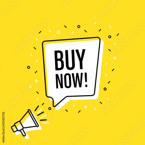 Male hand holding megaphone with buy now speech bubble. Loudspeaker. Banner for business, marketing and advertising. Vector illustration.
