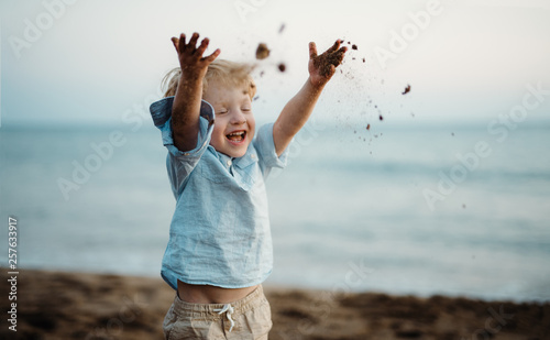 Canvas Print A small toddler boy standing on beach on summer holiday, throwing sand