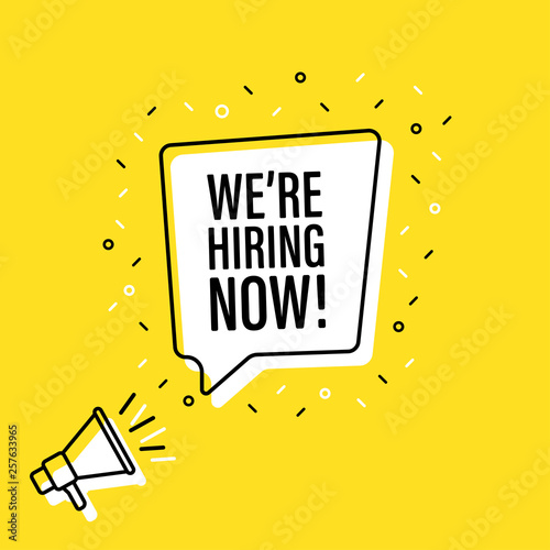 Male hand holding megaphone with were hiring now speech bubble. Loudspeaker. Banner for business, marketing and advertising. Vector illustration.