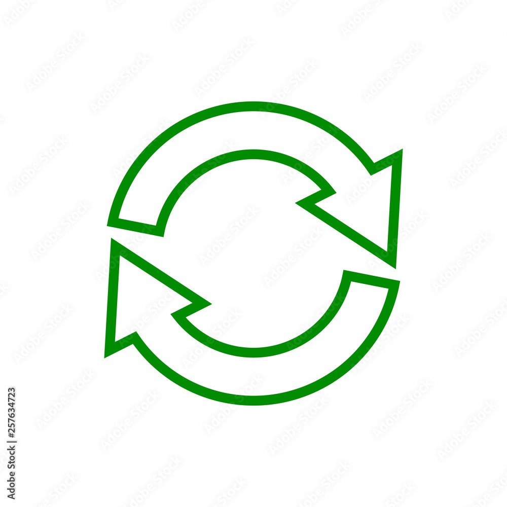 Vector image of a flat, linear icon with arrows pointing to circular rotation. Arrows with a direction of circular motion of green on a white background Vector image of a flat, linear icon with arrows pointing to circular rotation. Arrows with a direction of circular motion of green on a white background