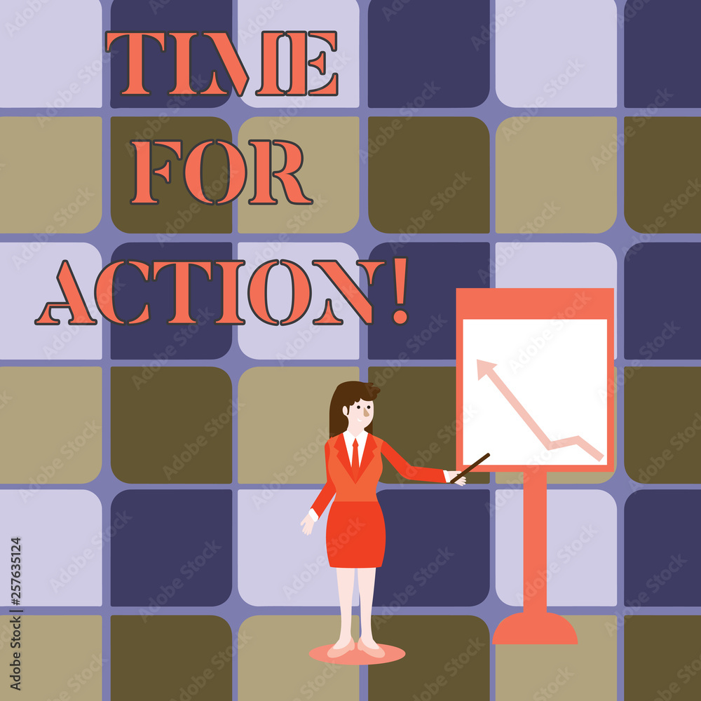 Handwriting text writing Time For Action. Conceptual photo Do not sit idle take initiative get work done duly Businesswoman Holding Stick Pointing to Chart of Arrow Upward on Whiteboard Handwriting text writing Time For Action. Conceptual photo Do not sit idle take initiative get work done duly Businesswoman Holding Stick Pointing to Chart of Arrow Upward on Whiteboard