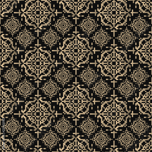 Seamless pattern oriental ornament. Black and golden textile print. Islamic vector design. Geometric tiles. Arabic, indian, turkish, pakistan, chinese, japanese, asian motifs.