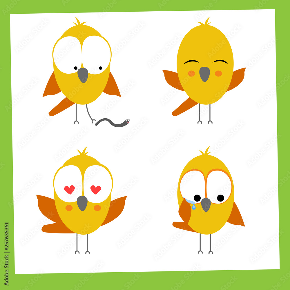 Vector funny small birds icon set. Vector illustration