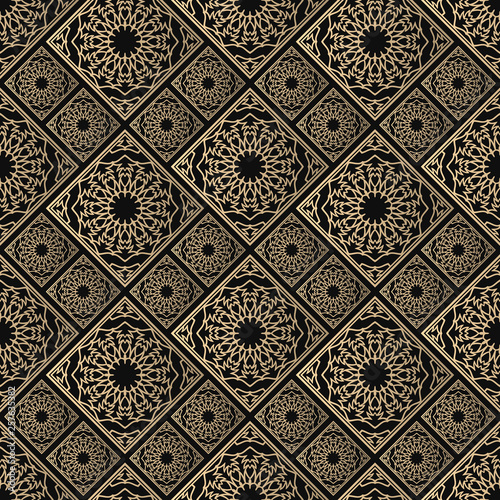 Islamic vector design. Seamless pattern oriental ornament. Black and golden textile print. Floral tiles.