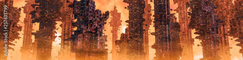 Foto Mining colony city panorama / 3D illustration of dark futuristic science fiction
