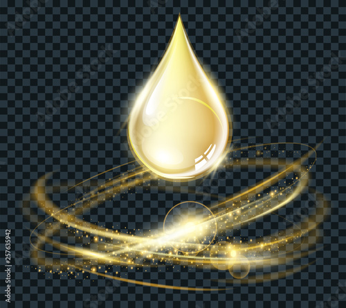 Vector circle light effect with sparkles and light drop isolated on black background. For cosmetic ads template and art design. Transparent light effects