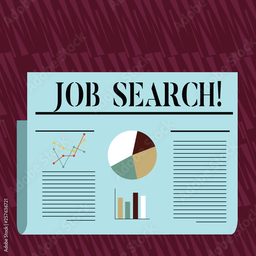 Writing note showing Job Search. Business concept for act of looking for employment due to unemployment underemployment Colorful Layout Design Plan of Text Line, Bar and Pie Chart photo