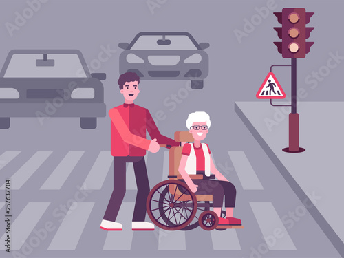 Colourful illustration on which a young man helps an old woman