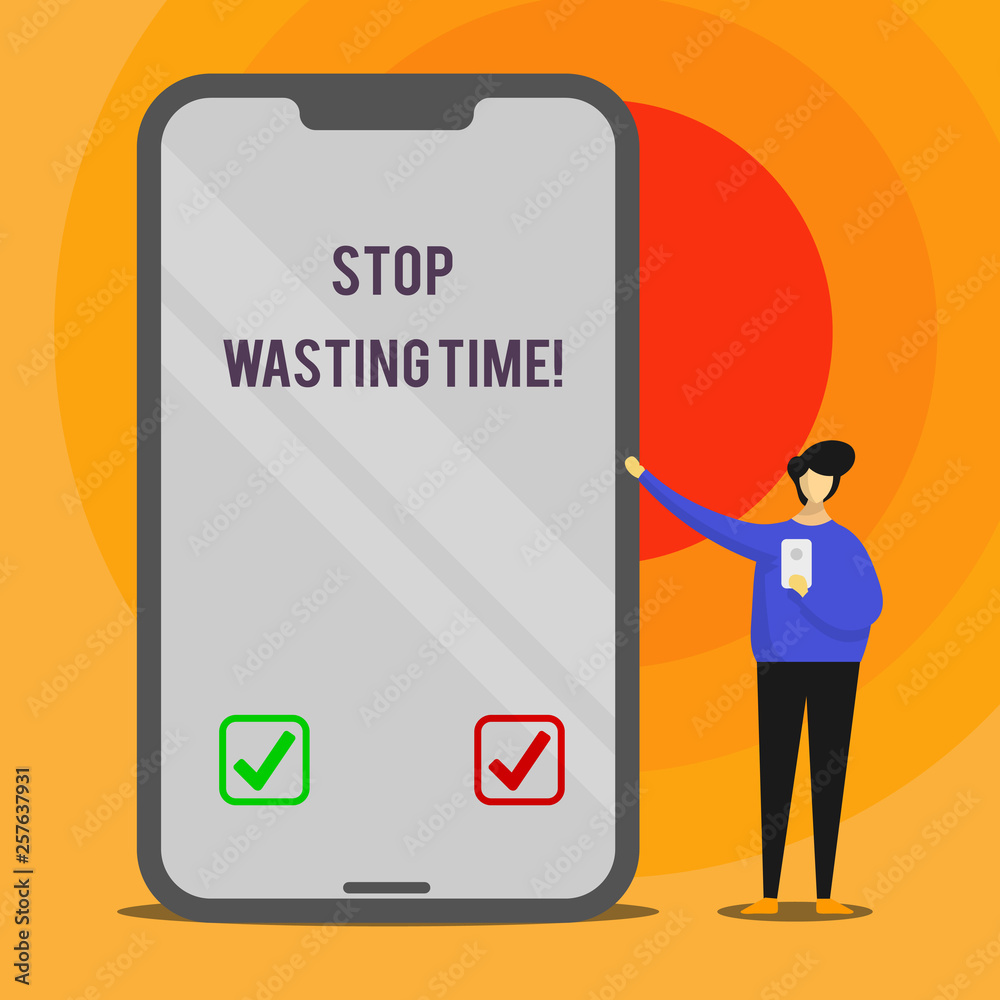 Word writing text Stop Wasting Time. Business photo showcasing advising demonstrating or group start planning and use it wisely Man Presenting Huge Blank Screen Smartphone while Holding Another Mobile Word writing text Stop Wasting Time. Business photo showcasing advising demonstrating or group start planning and use it wisely Man Presenting Huge Blank Screen Smartphone while Holding Another Mobile