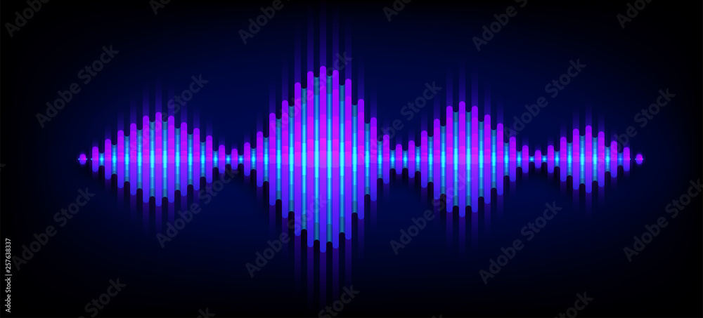 Neon wave sound vector background. Music soundwave design, blue light  elements isolated on dark backdrop. Radio frequency beat lines Stock Vector  | Adobe Stock
