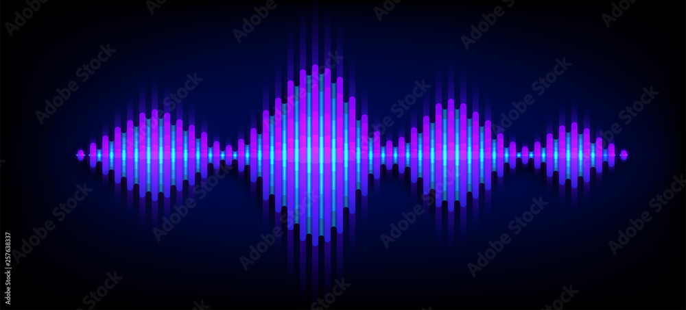 Neon wave sound vector background. Music soundwave design, purple light  elements isolated on dark backdrop. Radio frequency beat lines Stock Vector