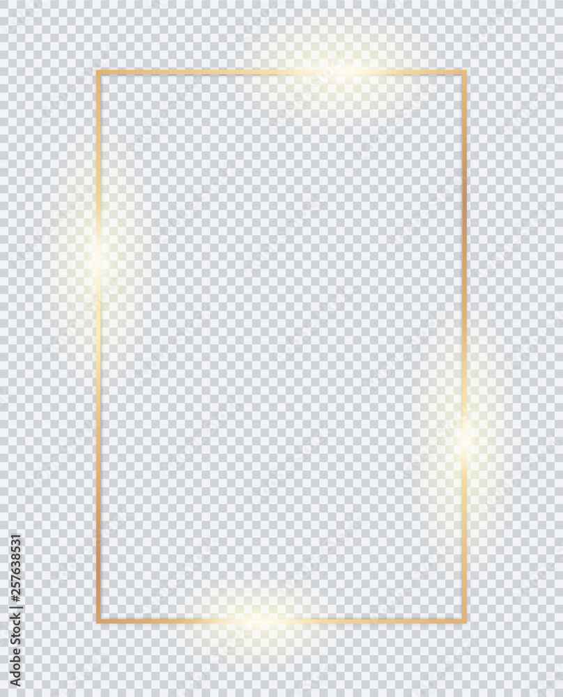 3D vertical golden frame. Gold transparent box on white background. Golden  borders, vector framework, banner, metal glowing thin lines. Geometric  shape forms. Stock Vector
