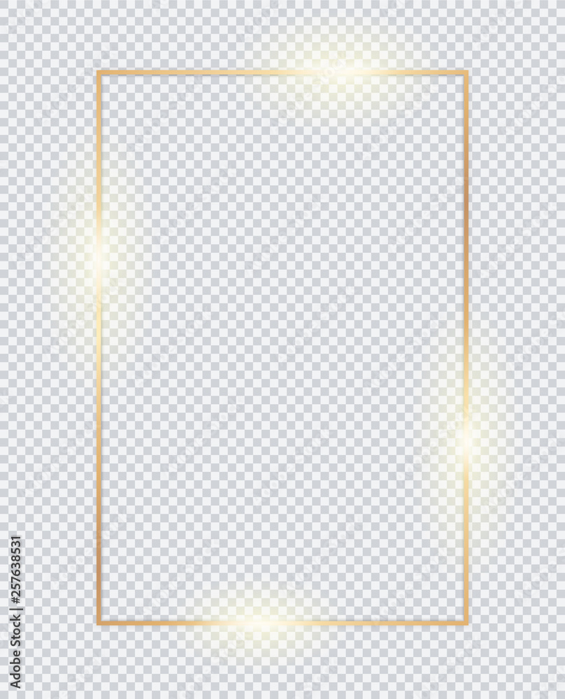 3D vertical golden frame. Gold transparent box on white background. Golden borders, vector