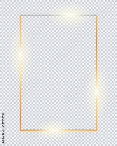 3D vertical golden frame. Gold transparent box on white background. Golden borders, vector framework, banner, metal glowing thin lines. Geometric shape forms.