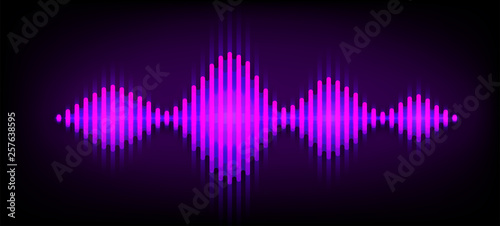 Neon wave sound vector background. Music soundwave design, purple light elements isolated on dark backdrop. Radio frequency beat lines