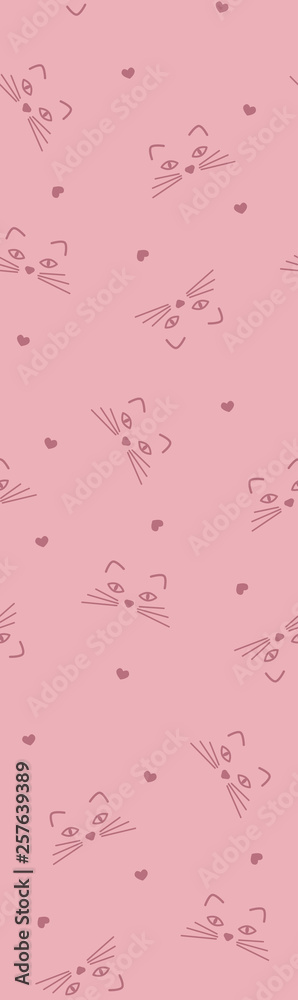 Seamless pattern with chaotic arrangement of cat and hearts on a pink background. Seamless pattern with chaotic arrangement of cat and hearts on a pink background.