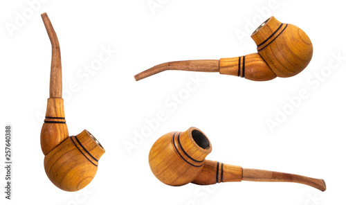 Different sides of smoking pipe isolated on white background. Smoking tube