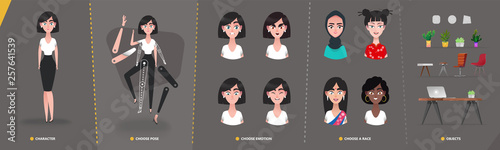Cartoon  character business woman  girl  for animation and motion design. Set interior objects in flat cartoon style