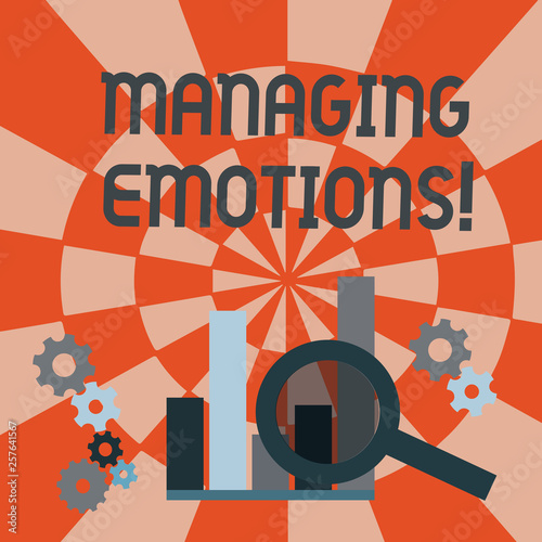 Text sign showing Managing Emotions. Business photo text ability be open to feelings and modulate them in oneself Magnifying Glass Over Bar Column Chart beside Cog Wheel Gears for Analysis