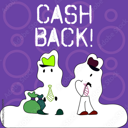 Handwriting text writing Cash Back. Conceptual photo incentive offered buyers whereby receive money after purchasing Figure of Two Men Standing with Pouch Bag on White Sticker Style Snow Effect