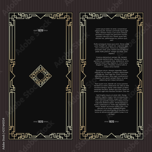Vector geometric frame in Art Deco style. Rectangle abstract element for design. Black and golden lined shape. Sandblasting ornament.