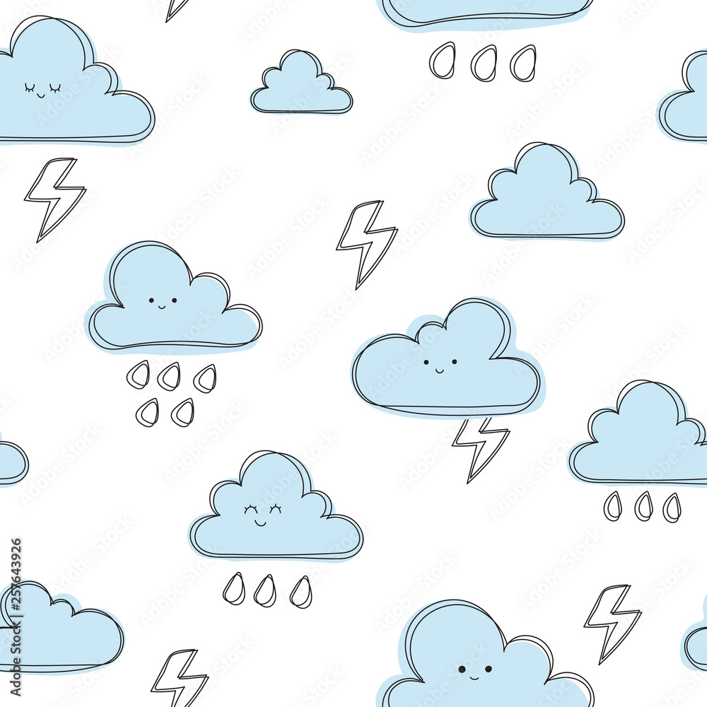 Clouds with rain and flesh background, cute seamless pattern with clouds, cartoon vector illustration,  background for kids, wallpapper, pattern for scrapbooking