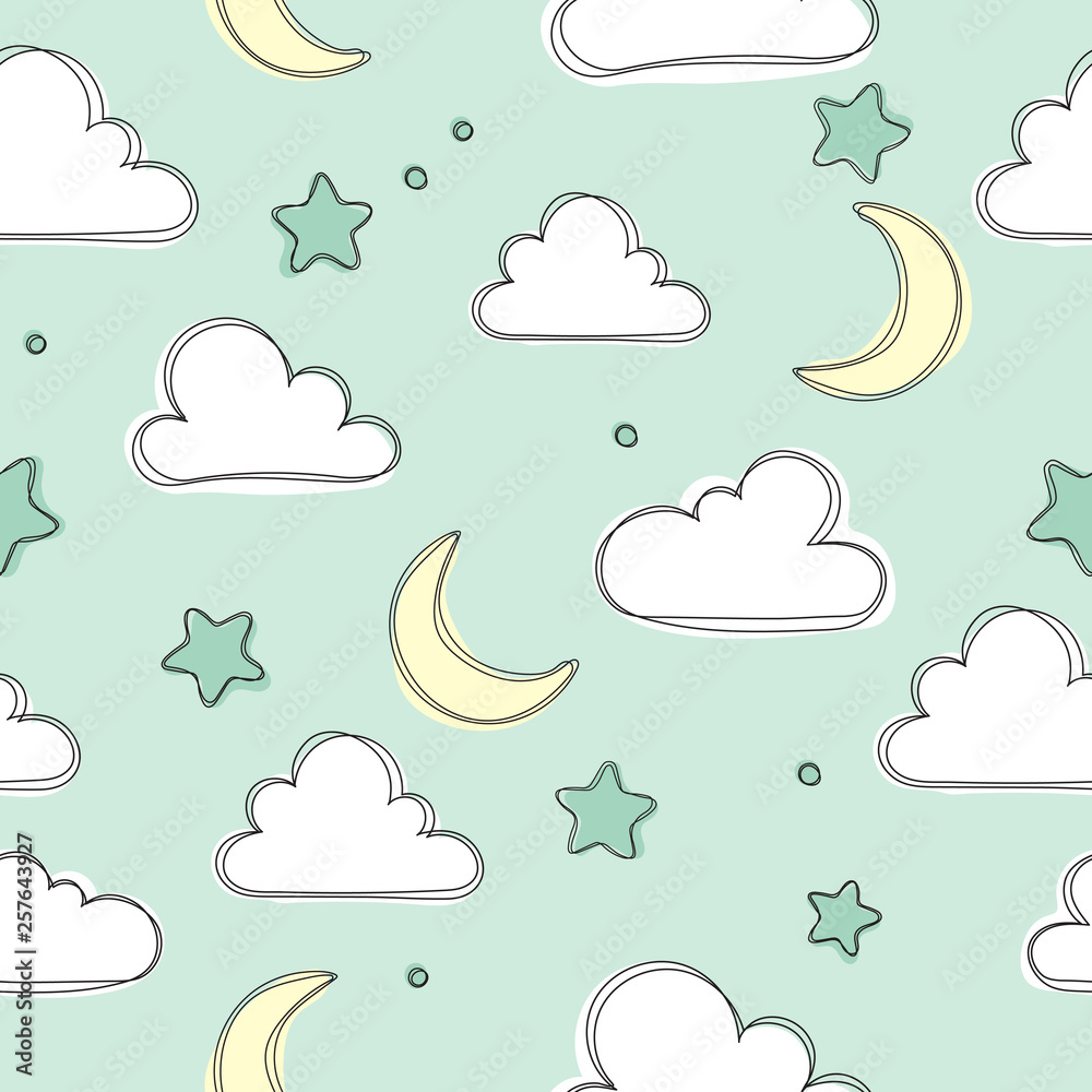 Cute green sky pattern. Seamless vector design with clouds, moon and stars. Baby illustration. Cute sweet love baby background. Colorful design for textile, wallpaper, fabric, decor. Cute green sky pattern. Seamless vector design with clouds, moon and stars. Baby illustration. Cute sweet love baby background. Colorful design for textile, wallpaper, fabric, decor.