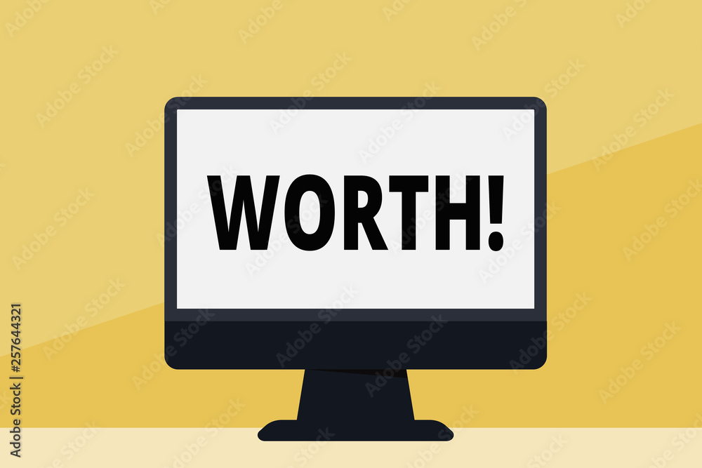 Word writing text Worth. Business photo showcasing Measurement of demonstratingal and financial significance importance Blank Space Desktop Computer Colorful Monitor Screen Freestanding on Table