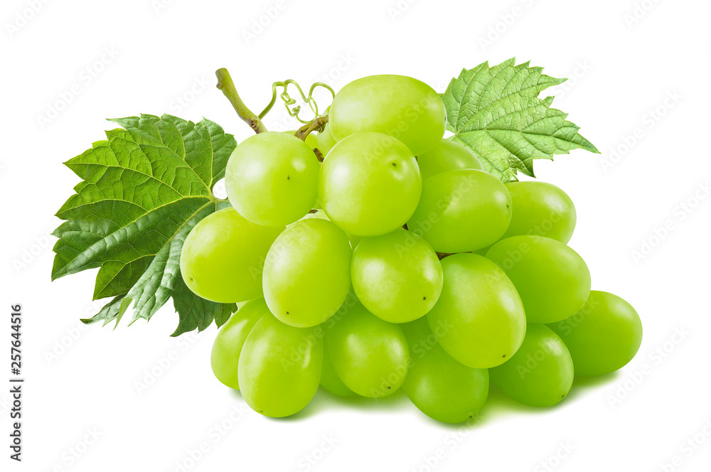Bunch of green grapes with leaves isolated on white background Bunch of green grapes with leaves isolated on white background