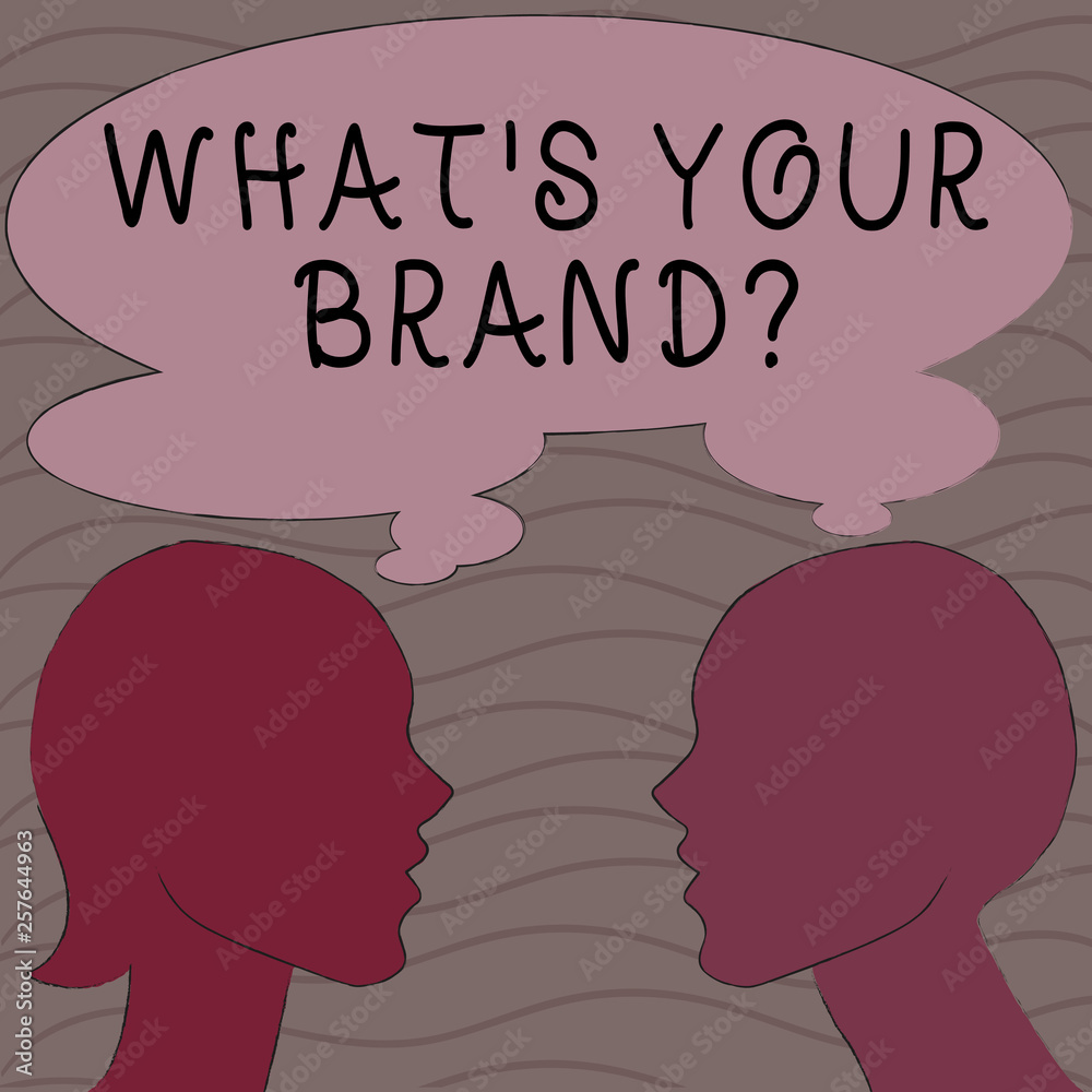 Word writing text What S Your Brand Question. Business photo showcasing asking about product logo does or what you communicate Silhouette Sideview Profile Image of Man and Woman with Shared Thought