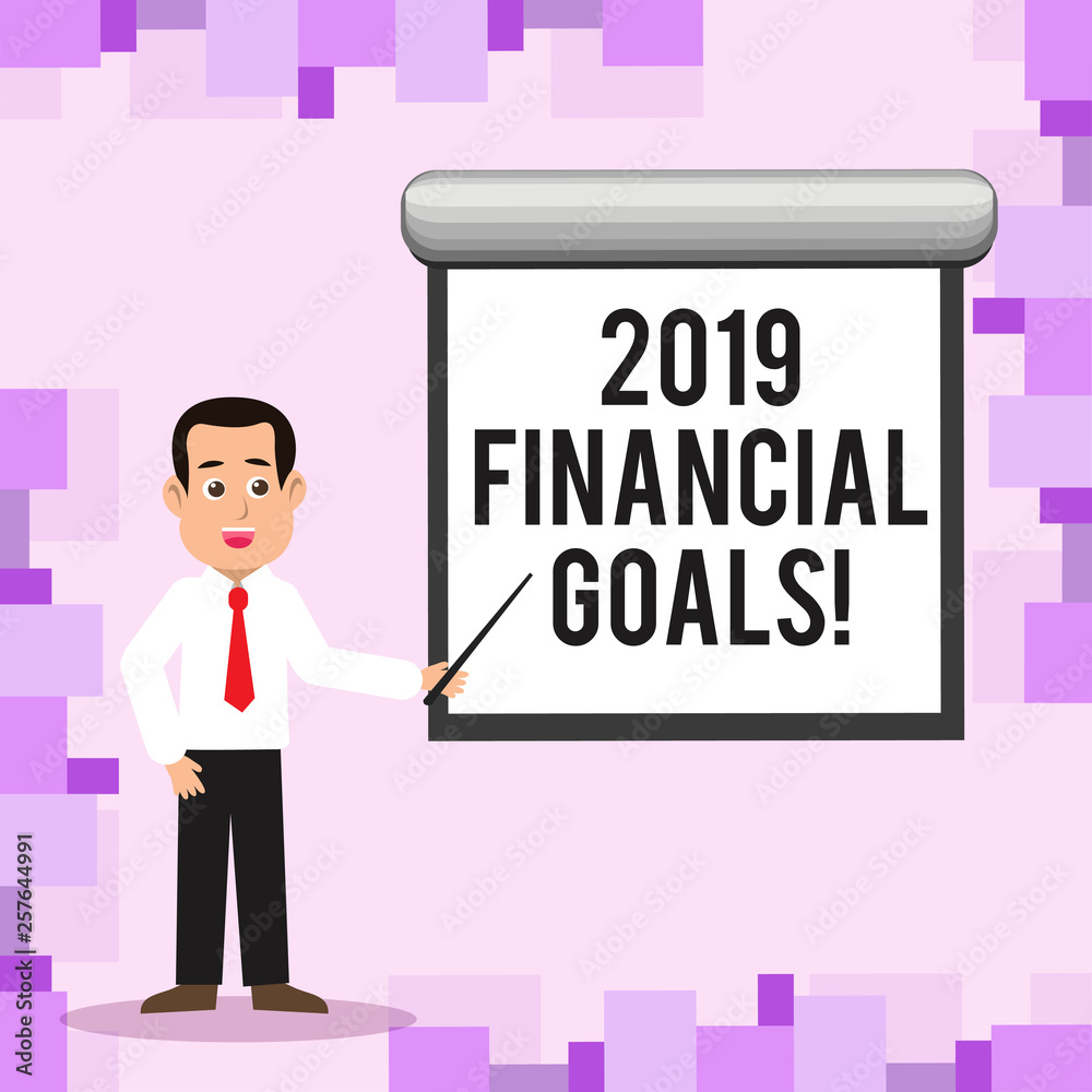 Writing note showing 2019 Financial Goals. Business concept for New business strategy earn more profits less investment Man in Necktie Holding Stick Pointing White Screen on Wall Writing note showing 2019 Financial Goals. Business concept for New business strategy earn more profits less investment Man in Necktie Holding Stick Pointing White Screen on Wall