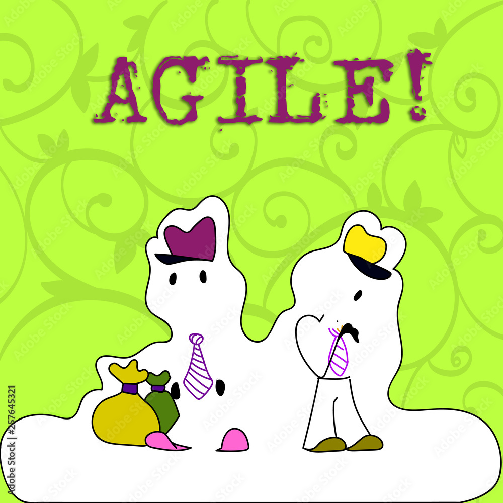 Naklejka premium Conceptual hand writing showing Agile. Concept meaning Develop an agility towards technological chnage Figure of Two Men Standing with Pouch Bag White Snow Effect
