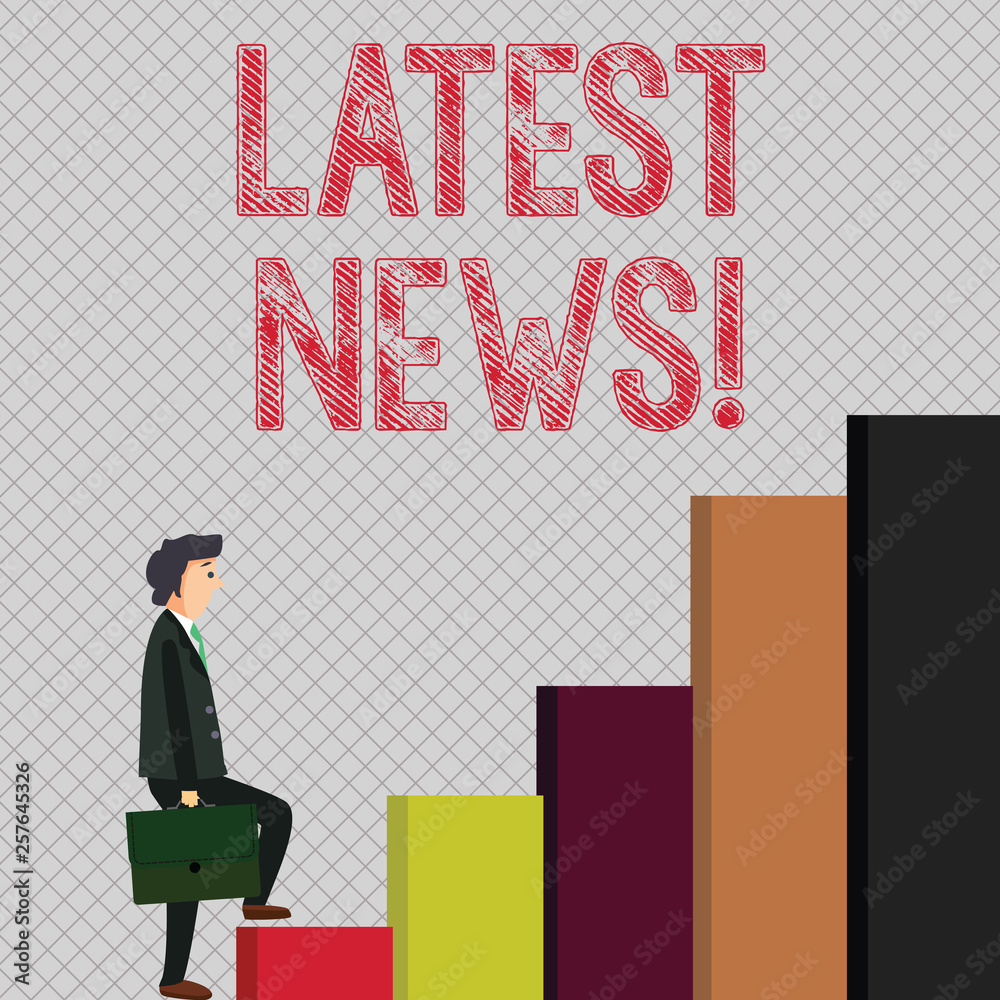 Writing note showing Latest News. Business concept for something that is most recent or currently just happened Man Carrying a Briefcase in Pensive Expression Climbing Up Writing note showing Latest News. Business concept for something that is most recent or currently just happened Man Carrying a Briefcase in Pensive Expression Climbing Up