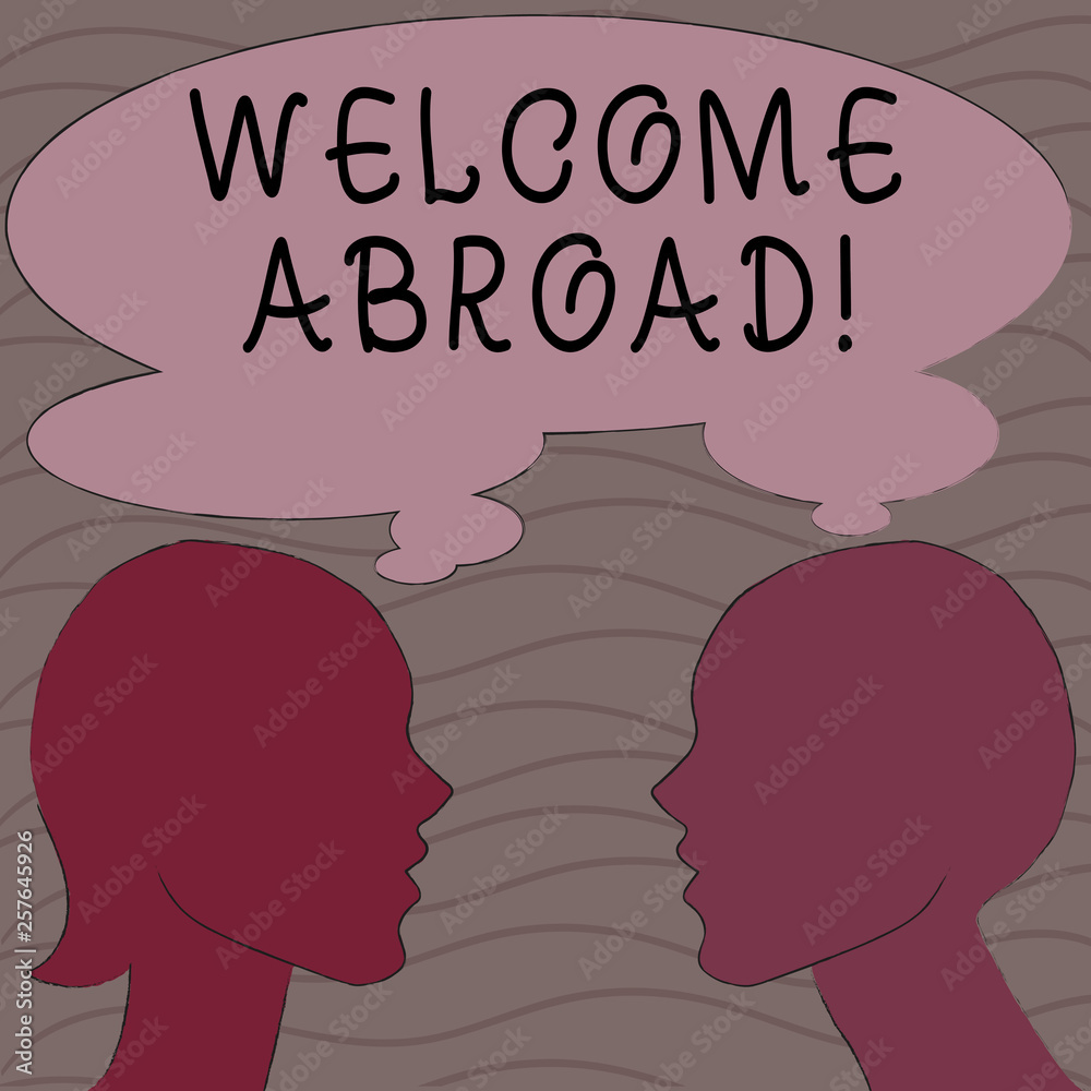 Word writing text Welcome Abroad. Business photo showcasing something that you say when someone gets on ship Silhouette Sideview Profile Image of Man and Woman with Shared Thought Bubble
