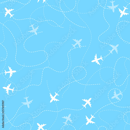 Airplane routes with dotted line, seamless pattern on blue background