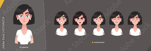 Young cartoon  character woman in business style for animation and motion design.  Set emotion faces in cartoon style
