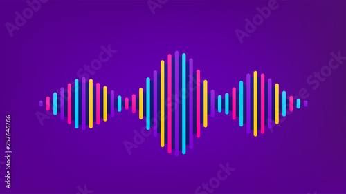 Wave sound vector background. Music flow soundwave design, color elements isolated on purple backdrop. Radio beat frequency consist of lines