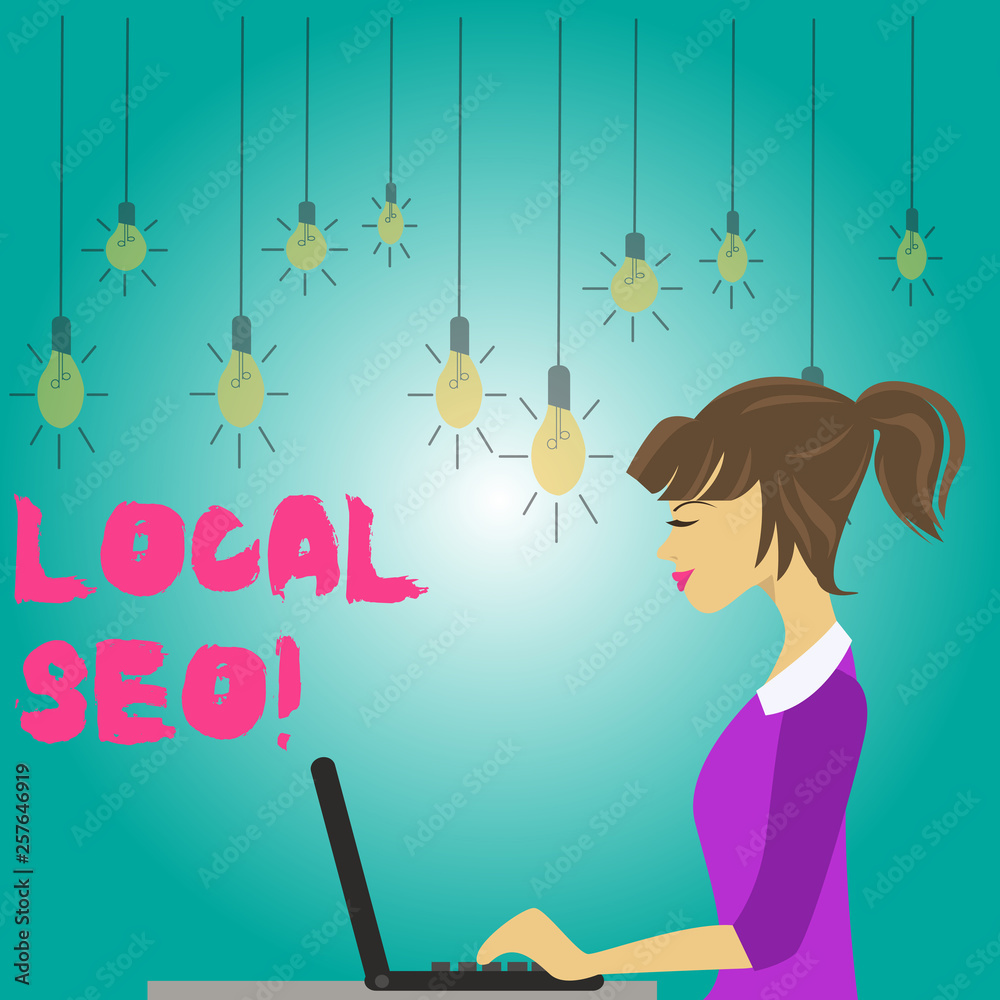 Word writing text Local Seo. Business photo showcasing incredibly effective way to market your near business online photo of Young Busy Woman Sitting Side View and Working on her Laptop Word writing text Local Seo. Business photo showcasing incredibly effective way to market your near business online photo of Young Busy Woman Sitting Side View and Working on her Laptop