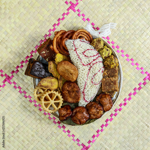 Kokis, Kewum, Aluwa and Aasmi. Sri Lankan Traditional Sweet Foods on Mat