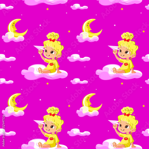 Seamless Pattern for Children with cute moon, night sky , little girl playing on clouds with a paper airplane. Creative kids texture for fabric, wrapping, textile, wallpaper, apparel. 