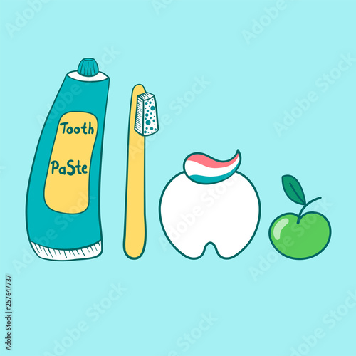Toothpaste, tooth, toothbrush, green apple. Cartoon set. Vector illustration.
