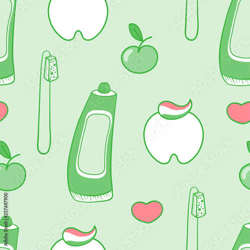 Toothpaste, tooth, toothbrush, green apple. Cartoon seamless pattern. Vector illustration.