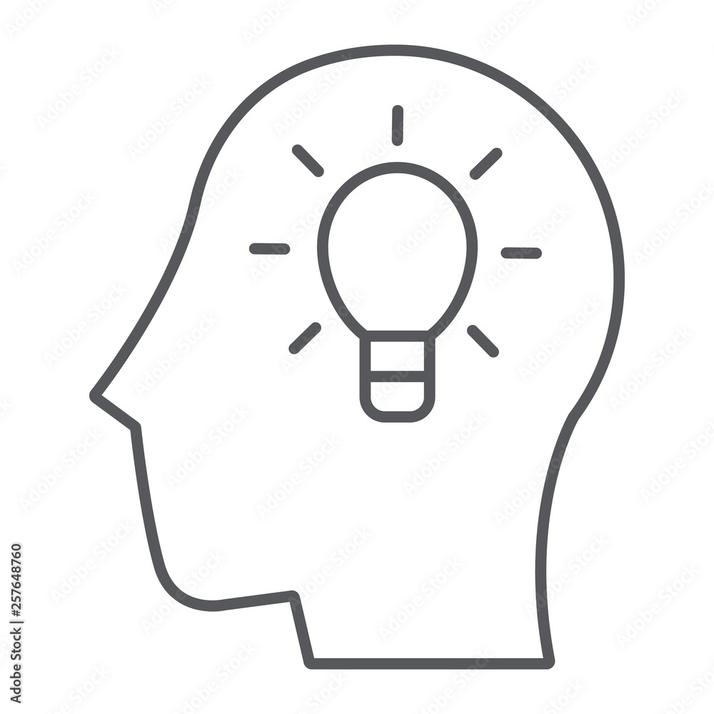 Idea thin line icon, creative and innovation, head with lamp sign, vector graphics, a linear pattern on a white background.