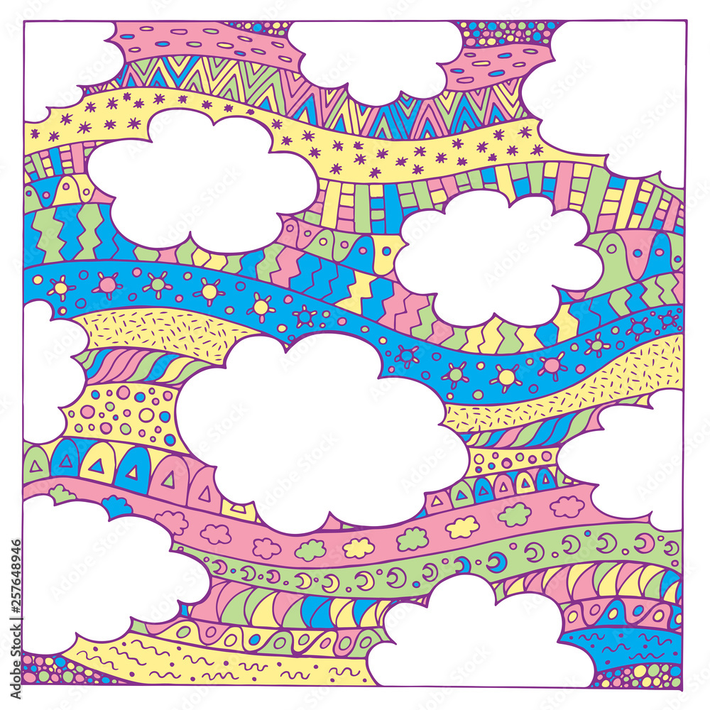 Sky and clouds - colorful illustration. Doodle hand drawn art. Cartoon background. Vector illustration Sky and clouds - colorful illustration. Doodle hand drawn art. Cartoon background. Vector illustration