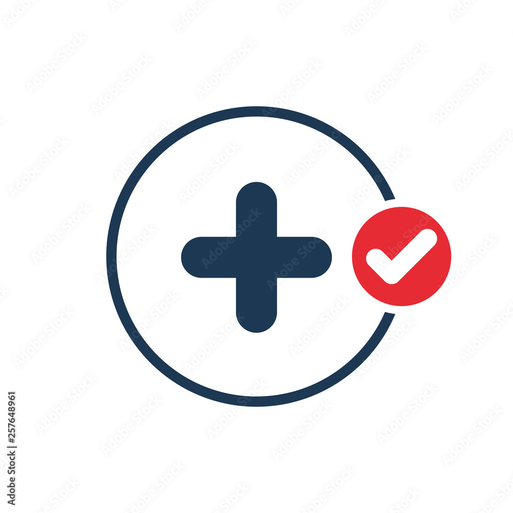 Add icon with check sign. Add icon and approved, confirm, done, tick, completed symbol