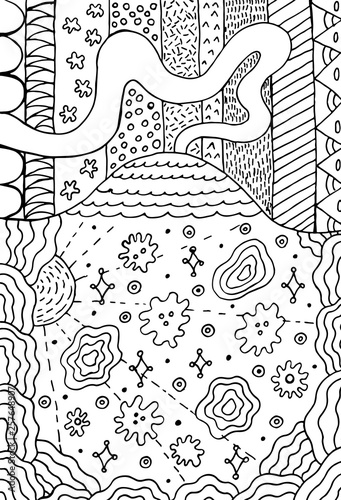 Volcano doodle landscape with floral meadow. Mountain drawing. Hand drawn coloring page. Vector illustration